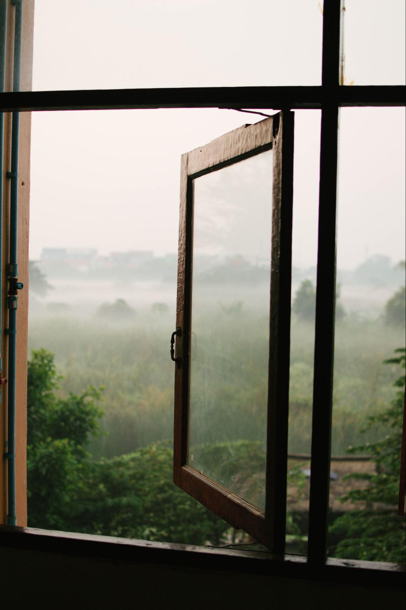 Misty landscape through a window